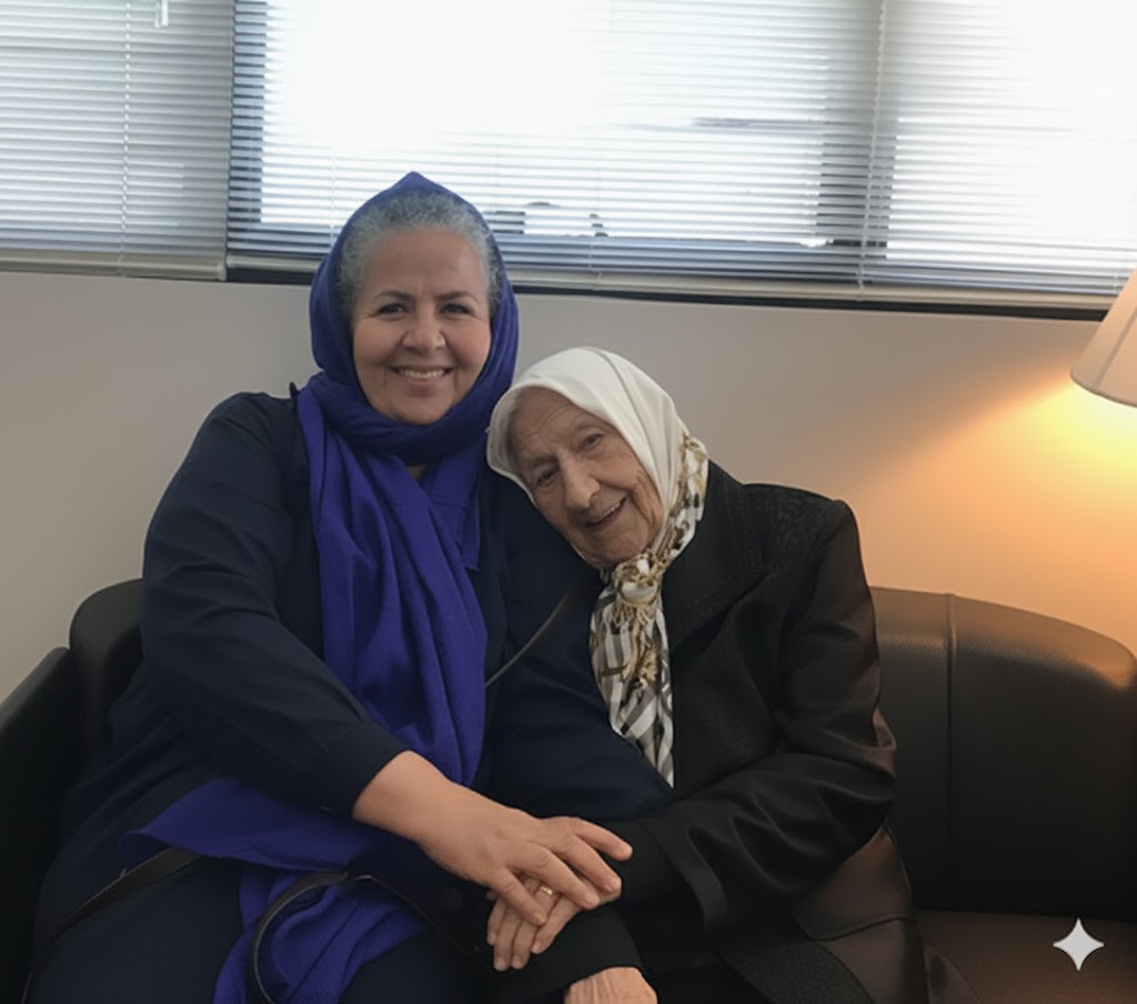 Elderly being taking care of by its child